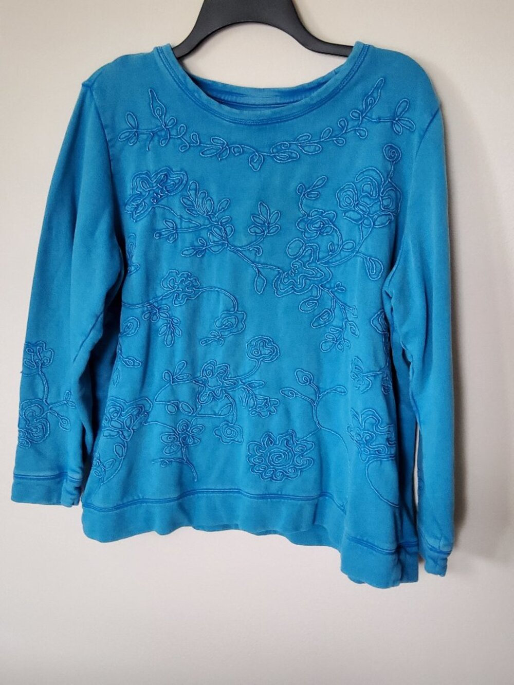 Coldwater Creek embroidered Teal Flora Mia sweatshirt size PXL